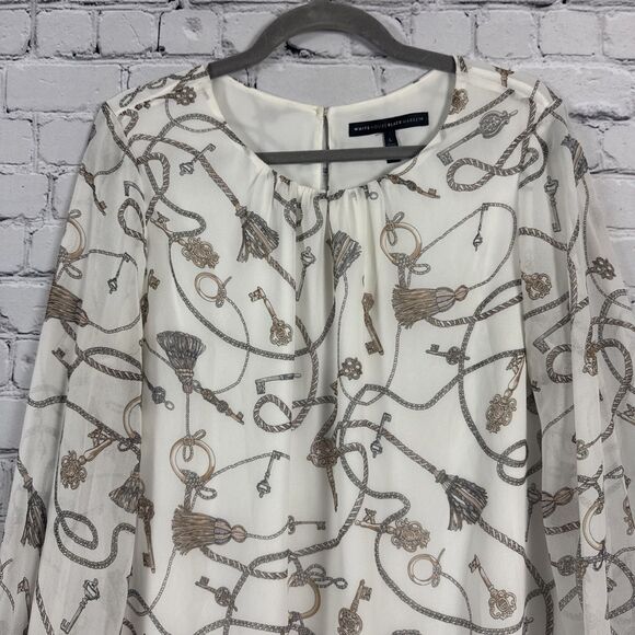 White House Black Market Cream Chain Print Long Sleeve Chiffon Blouse Women's L - Picture 2 of 13